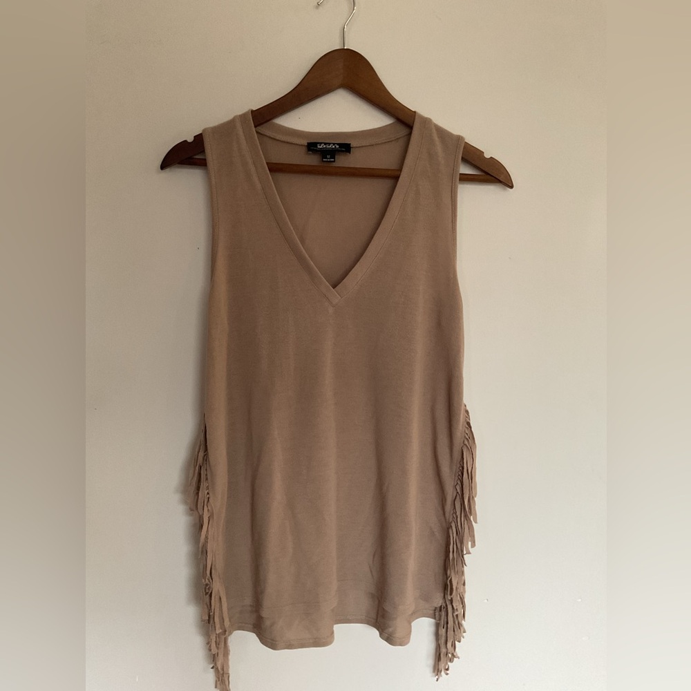 Lulu's Tan Sleeveless V-Neck Tank Top with Fringe